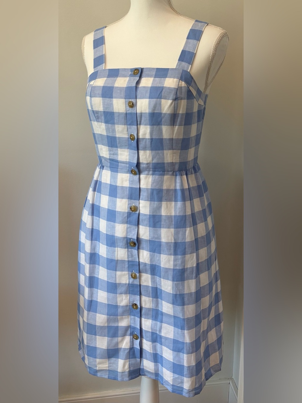 Gingham Sundress Blue and White J Crew Button-Front, Size 2, Linen Cottagecore - Picture 3 of 10